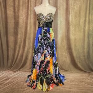 Y2K Prom Dress Graphic Print Abstract Strapless Beaded Rhinestone Futuristic Y3K